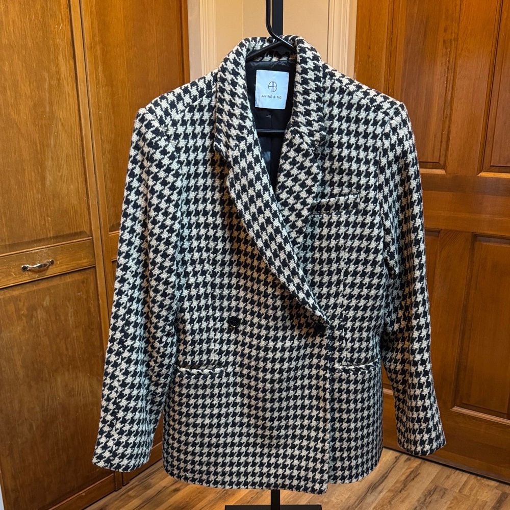 Anine Bing Black and Cream Kaia Houndstooth Blazer